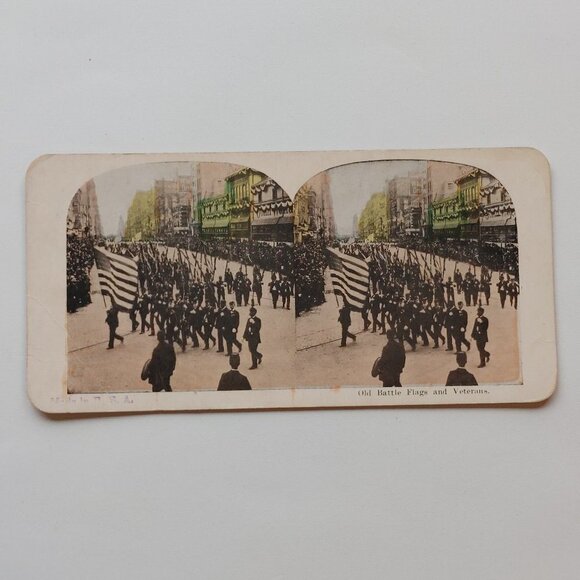 Antique Stereograph Card Battle Flags and Veterans Parade - Picture 1 of 4